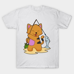 Cat as Fisher with Fishing rod & Fish T-Shirt